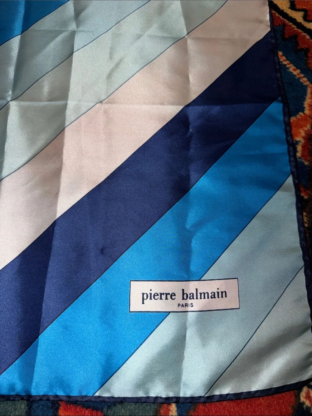 Vintage Pierre Balmain Silk Scarf Geometric Diagonal Striped Blue Cream~ 26